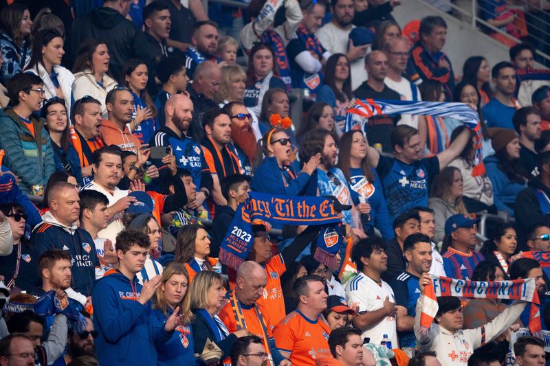 FC Cincinnati fans look on during the National Anthem in the first half of the match between FC Cincinnati and New York City FC at TQL Stadium in Cincinnati on Saturday, Nov. 9, 2024.
