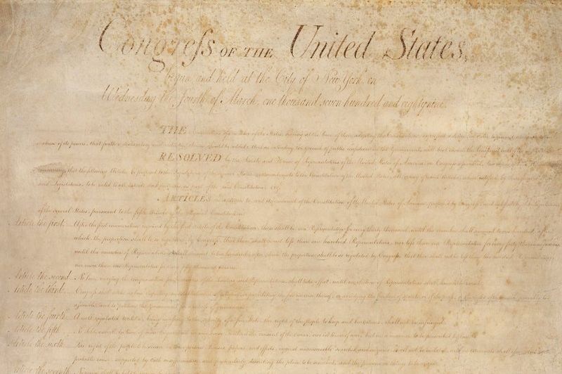 This Week In History: On Dec. 15, 1791, the Bill of Rights, which consists of the first ten amendments to the U.S. Constitution, was ratified. The Bill of Rights guarantees such things as freedom of speech, religion, press, assembly, the right to due process and a fair trial. This picture is of the original joint resolution from September 1789 proposing the Bill of Rights, which then contained 12 amendments, that is on permanent display at the National Archives in Washington, DC.