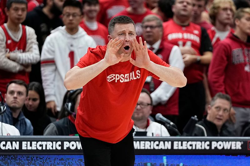Ohio State Buckeyes head coach Jake Diebler yells during the second half of the NCAA men's basketball game against the Pittsburgh Panthers at Value City Arena in Columbus on Friday, Nov. 29, 2024. Ohio State lost 91-90 on a last second shot in overtime.