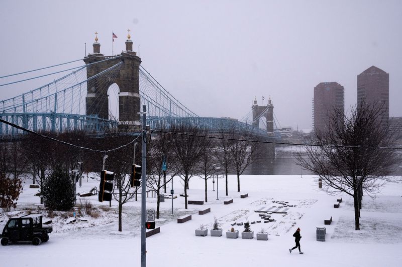 A view of the Roebling Bridge during a winter snow storm in Cincinnati on Sunday, January 5, 2025.