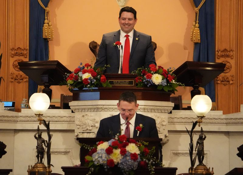 Ohio Senate President Rob McColley, R-Napoleon, laughs as Senate Clerk Vincent Keenan mistakingly calls him by his predecessor’s name as the Ohio General Assembly convened for the 136th legislative session at the Ohio Statehouse on Jan. 6.
