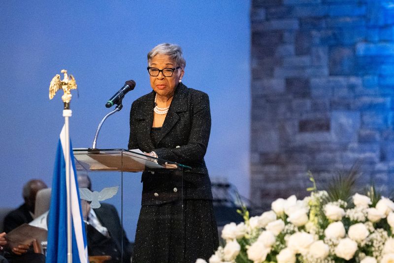 Congresswoman Joyce Beatty, reflects on the life of Ben Espy, former Columbus City Council member, Ohio State University alumnus and state Senate Minority Leader, during the funeral, Monday, Jan 13, 2025, in Columbus, Ohio.