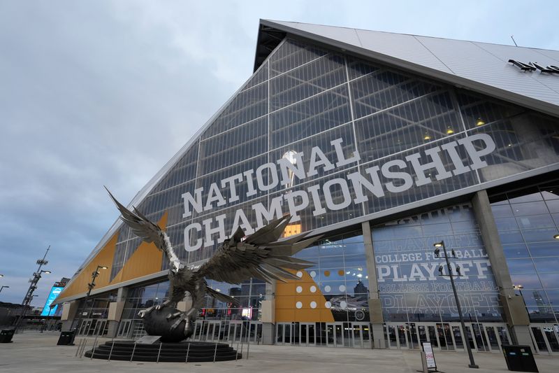 Jan 19, 2025; Atlanta, GA, USA; A general overall view of Mercedes-Benz Stadium, the site of the 2025 College Football Playoff National Championship between the Ohio State Buckeyes and the Notre Dame Fighting Irish. Mandatory Credit: Kirby Lee-Imagn Images