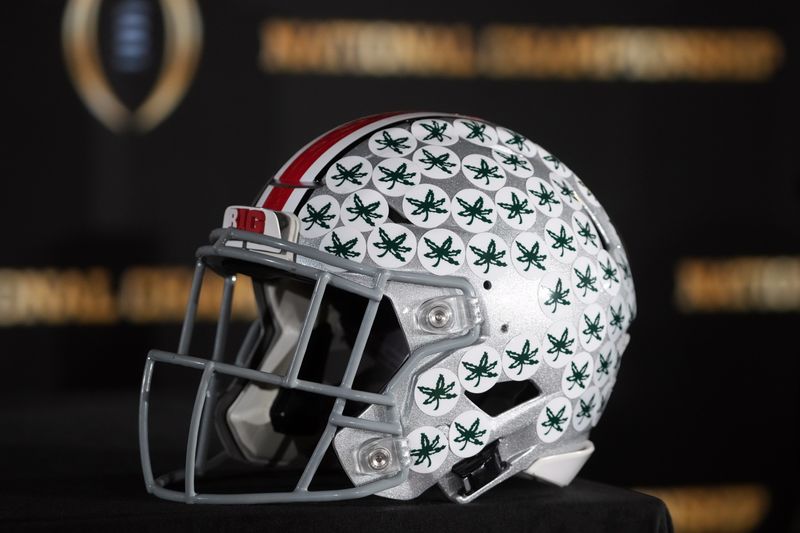 Jan 19, 2025; Atlanta, GA, USA; An Ohio State Buckeyes helmet at College Football Playoff National Championship press conference at The Westin Peachtree Plaza, Savannah Ballroom. Mandatory Credit: Kirby Lee-Imagn Images