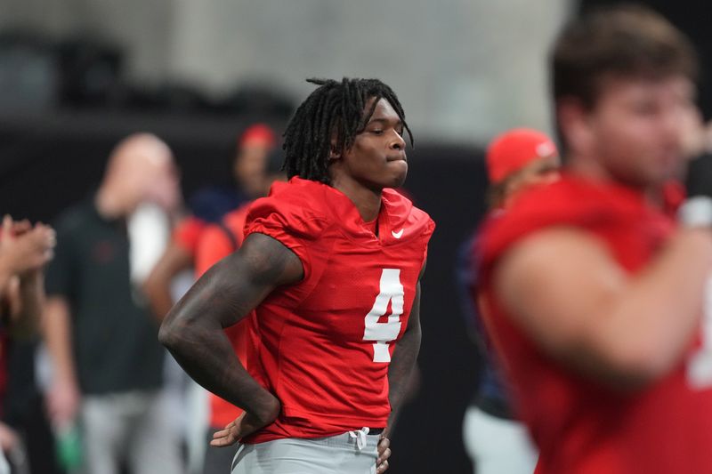 Jan 18, 2025; Atlanta, GA, USA; Ohio State Buckeyes wide receiver Jeremiah Smith (4) during practice at Mercedes-Benz Stadium. Mandatory Credit: Kirby Lee-Imagn Images