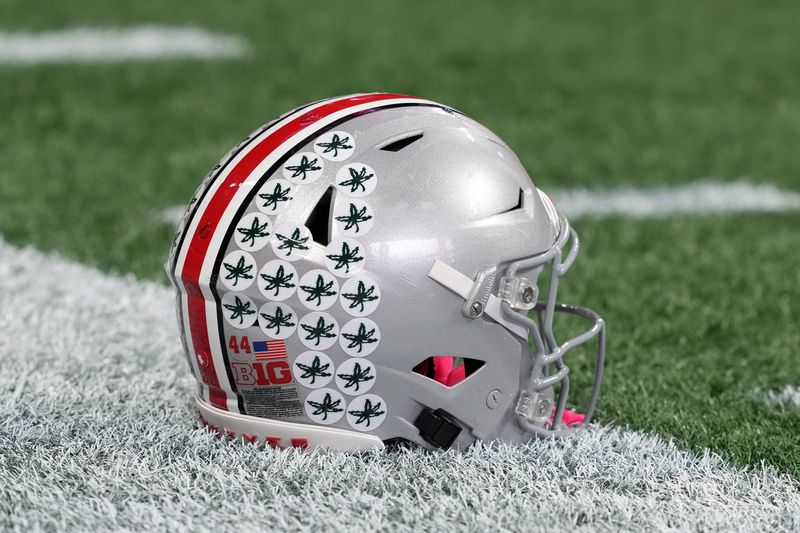 Jan 18, 2025; Atlanta, GA, USA; A Ohio State Buckeyes helmet on the field during practice at Mercedes-Benz Stadium. Mandatory Credit: Kirby Lee-Imagn Images