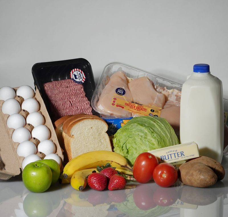 Grocery staples, eggs, bread, ground beef, chicken breasts, fruit (apples, bananas, strawberries) Iceberg lettuce, tommatoes, butter, potatoes and a half gallon of milk purchased the third full week of Jan. 2025.