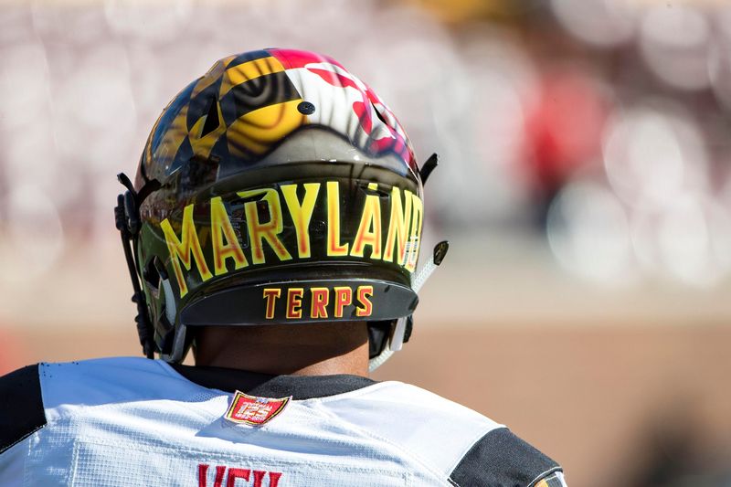 Sep 30, 2017; Minneapolis, MN, USA; A general view of Maryland Terrapins helmets during pre game before a game against the Minnesota Golden Gophers at TCF Bank Stadium. Mandatory Credit: Jesse Johnson-USA TODAY Sports