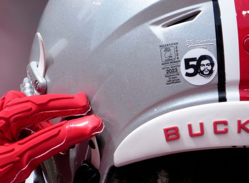 August 31, 2024; Columbus, Ohio, USA;
The Ohio State Buckeyes’ football helmets were adorned with a special sticker of Archie Griffin before Saturday’s NCAA Division I football game against the Akron Zips at Ohio Stadium.