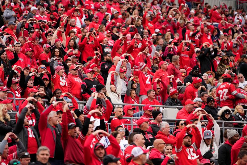 Oct 21, 2023; Columbus, Ohio, USA; Ohio State Buckeyes fans chant O-H-I-O around Ohio Stadium during the second half of the NCAA football game against the Penn State Nittany Lions. Ohio State won 20-12.