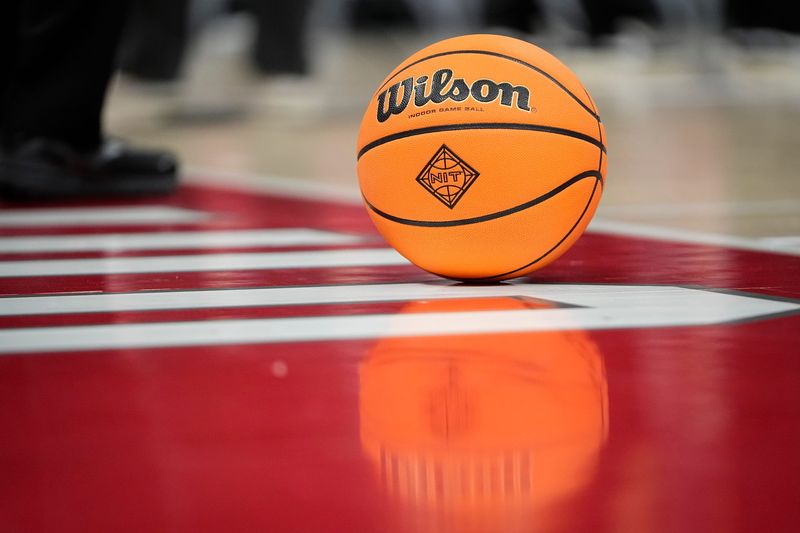 Mar 19, 2024; Columbus, OH, USA; A Wilson NIT basketball sits on the court during the second half of the game between the Ohio State Buckeyes and the Cornell Big Red at Value City Arena.