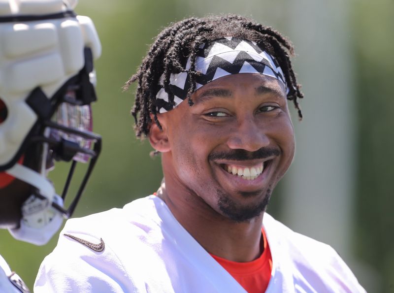 Cleveland Browns defensive end Myles Garrett flashes a smile during training camp July 29, 2022, in Berea, Ohio.