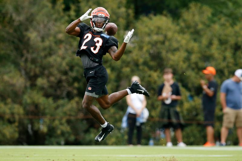 Cincinnati Bengals cornerback Dax Hill (23) catches a pass during the first day of preseason training camp at the Paul Brown Stadium training facility in downtown Cincinnati on Wednesday, July 27, 2022.

Cincinnati Bengals Training Camp
