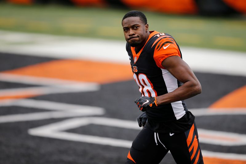 Cincinnati Bengals wide receiver A.J. Green (18) takes the field as he's introduced for what might be his final game with the team before the first quarter of the NFL Week 17 game between the Cincinnati Bengals and the Baltimore Ravens at Paul Brown Stadium in downtown Cincinnati on Sunday, Jan. 3, 2021. The Ravens led 17-3 at half time.

Baltimore Ravens At Cincinnati Bengals