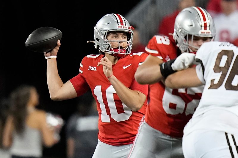 Sep 7, 2024; Columbus, Ohio, USA; Ohio State Buckeyes quarterback Julian Sayin (10) throws a pass during the second half of the NCAA football game against the Western Michigan Broncos at Ohio Stadium.