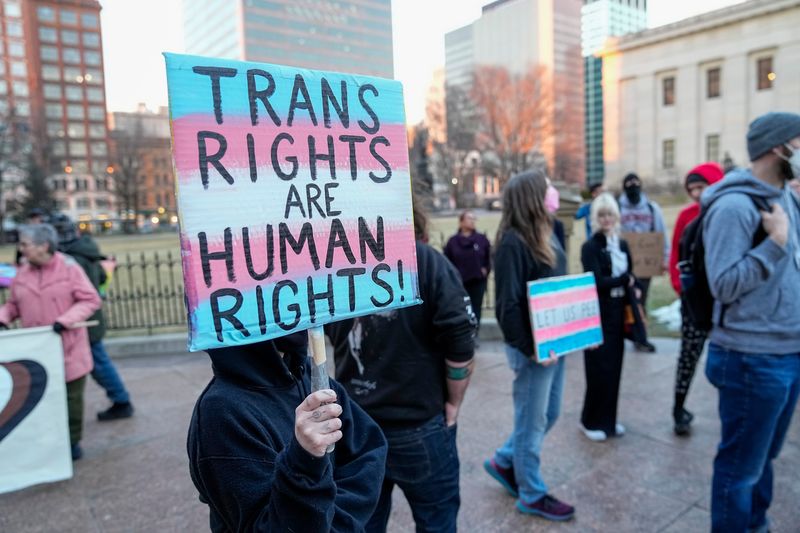 Transgender activists, advocacy groups and allies gather at the Ohio Statehouse to protest Ohio's new transgender bathroom bill on Feb. 25, 2025.