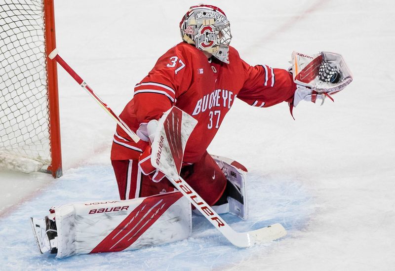 Mar 14, 2021; South Bend, IN, USA; Ohio State's Tommy Nappier (37) makes a stop during the Michigan vs. Ohio State Big Ten Hockey Tournament game Sunday, March 14, 2021 at the Compton Family Ice Arena in South Bend. Mandatory Credit: Michael Caterina-USA TODAY Sports