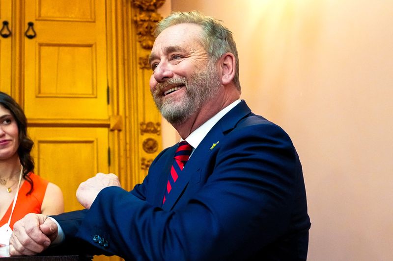 Attorney General Dave Yost speaks to members of the media before the State of the State address in the Ohio House chambers at the Ohio Statehouse on Wednesday, March 12, 2025 in Columbus, Ohio.