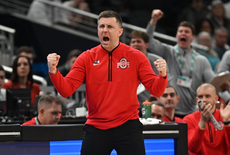 Mar 12, 2025; Indianapolis, IN, USA; Ohio State Buckeyes head coach Jake Diebler reacts to a play during the second half against the Iowa Hawkeyes at Gainbridge Fieldhouse. Mandatory Credit: Robert Goddin-Imagn Images