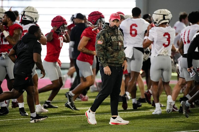 Ohio State Buckeyes head coach Ryan Day guides spring football practice at the Woody Hayes Athletic Center on March 17, 2025.