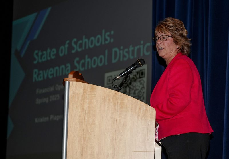 Connie Bennett, seen speaking at a State of Ravenna Schools meeting in 2025, will receive the Lifetime Achievement award at the Raven Awards, which will take place June 3 at the Ravenna Elks Club.