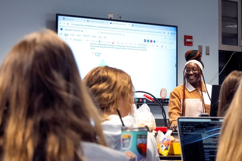 Professor Yaa Dankwa instructs the early childhood education class at Arps Hall on the campus of Ohio State University on Thursday, March 20, 2025 in Columbus, Ohio.