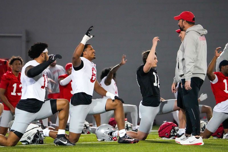 Ohio State Buckeyes head coach Ryan Day speaks to his players during spring football practice at the Woody Hayes Athletic Center on Wednesday, March 19, 2025 in Columbus, Ohio.