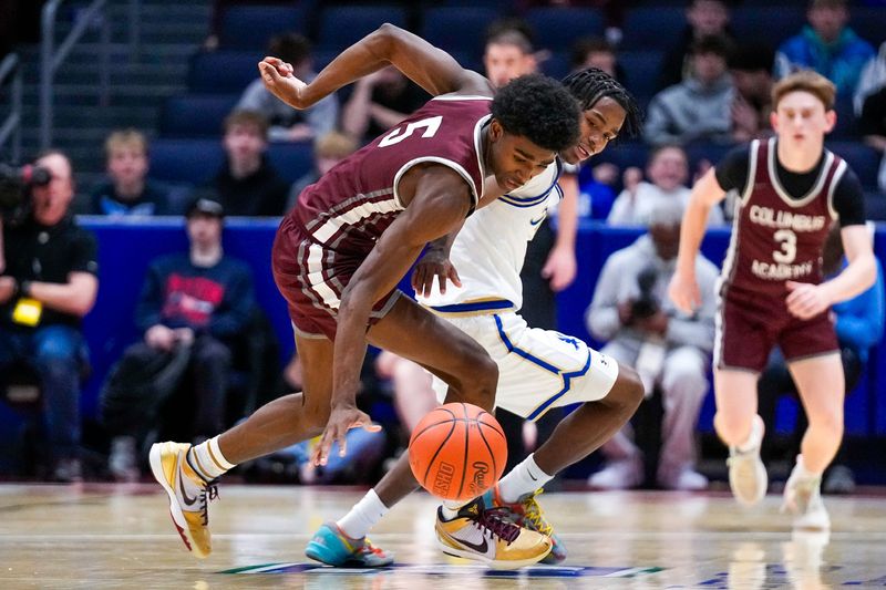 Columbus Academy's Jason Singleton (5) steals the ball from Lutheran East's Chris Hill (1) in the first half of the Division V championship at University of Dayton Arena on March 22.