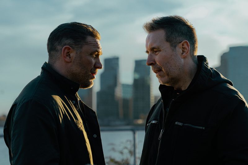 Tom Hardy as Harry Da Souza, left, and Paddy Considine as Kevin Harrigan in "MobLand," streaming on Paramount+