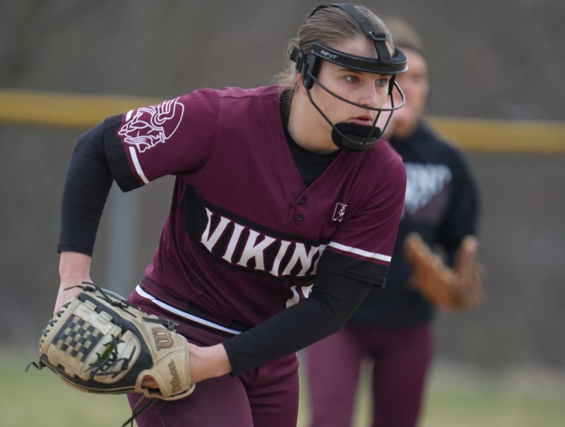 Jolean Hampton throws a pitch. Waterloo hosted Memorial softball in Atwater on Thursday, Mar. 27.