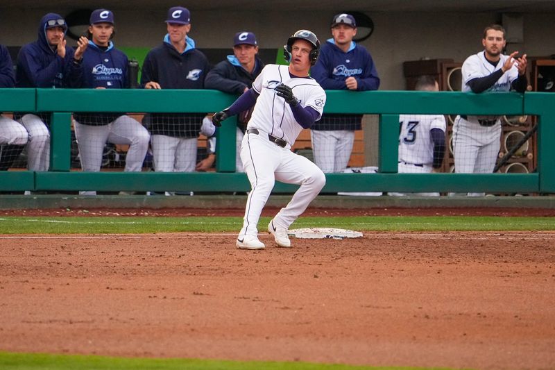 Columbus Clippers outfielder Petey Halpin (8) rounds first base during the game against the St. Paul Saints at Huntington Park on Tuesday, April 1, 2025 in Columbus, Ohio.