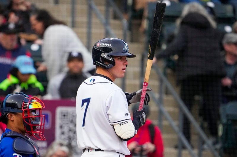 Columbus Clippers infielder Milan Tolentino (7) steps up to bat during the game against the St. Paul Saints at Huntington Park on Tuesday, April 1, 2025 in Columbus, Ohio.