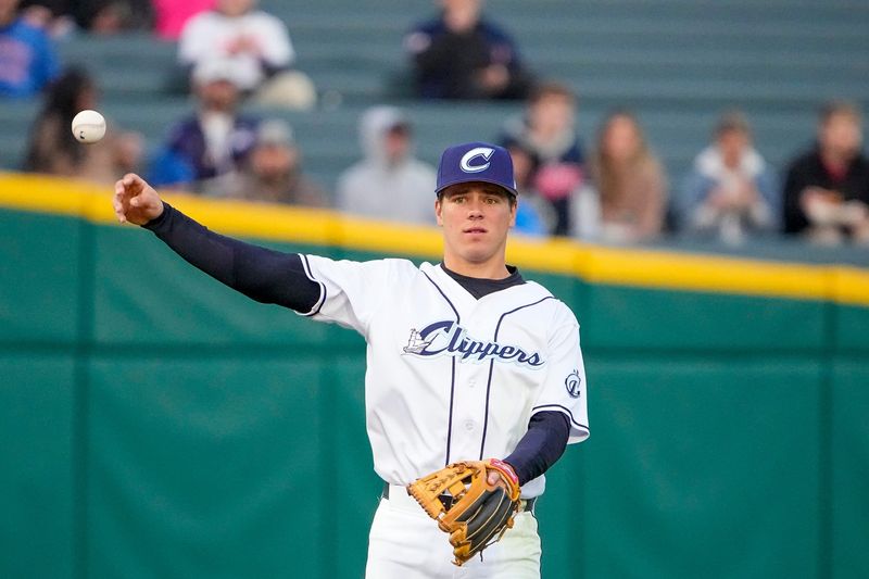 Columbus Clippers infielder Milan Tolentino (7) throws the ball during the game against the St. Paul Saints at Huntington Park on Tuesday, April 1, 2025 in Columbus, Ohio.