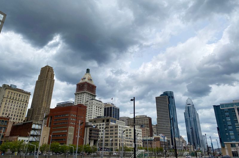 Dark clouds form over downtown Cincinnati Wednesday, April 2, 2025. Severe storms are likely again Wednesday evening into the early night for Greater Cincinnati and Northern Kentucky, followed by heavy rain continuing through the weekend that poses a risk of flooding. Forecasters say damaging winds, a few tornadoes and flash flooding are possible in the region.