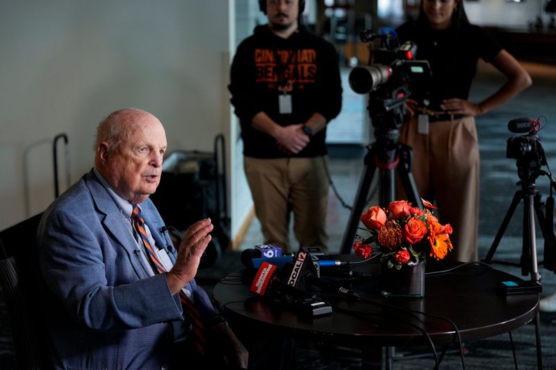 Team owner Mike Brown takes questions from reporters during the annual Cincinnati Bengals season kickoff luncheon at Paycor Stadium in downtown Cincinnati on Monday, July 22, 2024.