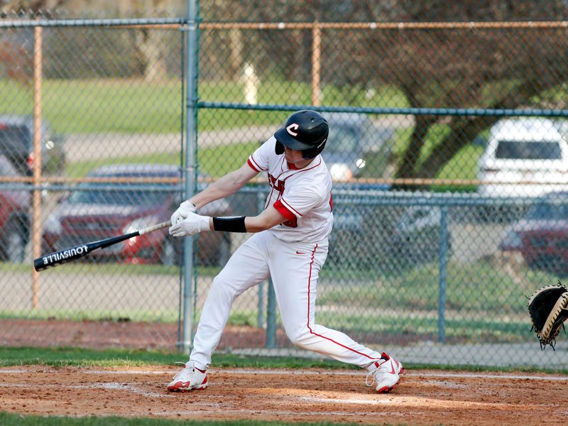Dylan Wood hits the ball during Coshocotn's 13-3 loss to Meadowbrook on Monday, April 14, 2025, at Lake Park in Coshocton.