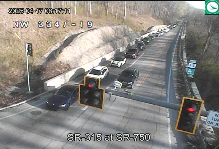 Cars wait at a red light on State Route 315 and State Route 750 south of a crash that closed State Route 315 in both directions.