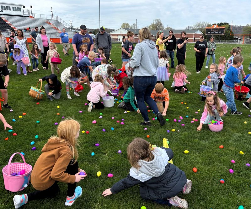 Several hundred children collected about 6,000 eggs on the Ridgewood General Football Field during the 2025 Easter egg hunt sponsored by the West Lafayette Police Department.