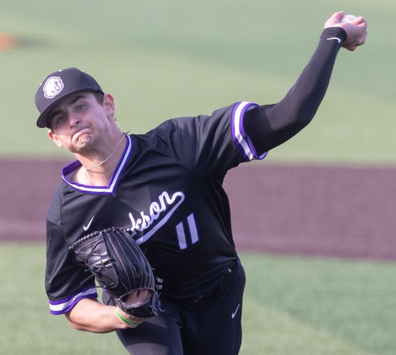Jackson pitcher Landen Doll delivers a pitch in the first inning against Hoover at Hoover, April 22, 2025.