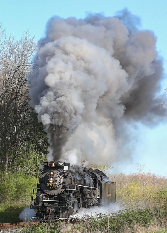 Nickel Plate Road #765 steam locomotive heads into the Cuyahoga Valley Scenic Railroad Fitzwater Maintenance Yard on April 24, 2025, in Independence, Ohio. {Phil Masturzo/Beacon Journal}