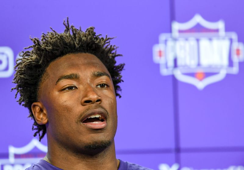 Former Clemson linebacker Barrett Carter speaks with media at Clemson Football's 2025 Pro Day featured seven former football players, five showing speed and skills for NFL scouts before the draft April 24-26 in Green Bay. Former Clemson offensive lineman Marcus Page and Former Clemson running back Phil Mafah interviewed but will show at a future workout.