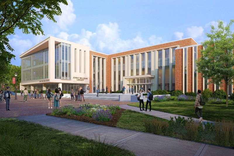 Renderings of Ohio Wesleyan University's new John F. Milligan Library, which will break ground in summer 2025 and is expected to open in January 2027. The library will include community spaces, study areas, classroom and lots of natural light. The building is funded by a $20 million gift for the library from Ohio Wesleyan graduates and trustees John F. Milligan and Kathryn Bradford Milligan, the largest gift in the university's 183-year history.