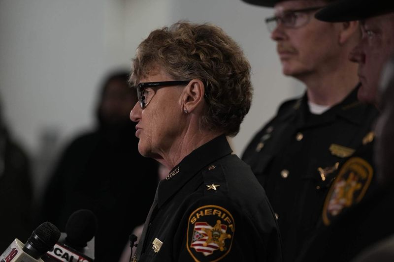Hamilton County Sheriff Charmaine McGuffey speaks following the bond hearing of Rodney Hinton Jr. at the Hamilton County Justice Center on May 6, 2025. Hinton, 38, is charged with aggravated murder in the death of Deputy Larry Henderson, who police say was struck by Hinton's vehicle while the deputy was directing traffic.