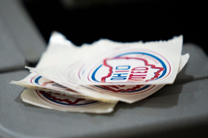 Ohio voting stickers given out during the 2025 May 6 primary election.