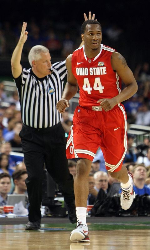 Ohio State guard William Buford reacts after hitting a three-pointer against Kansas in an NCAA Final Four semifinal game on March 31, 2012.
