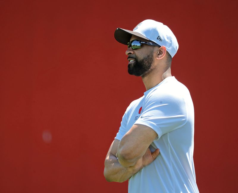 Cleveland Browns general manager Andrew Berry watches practice on the second day of rookie minicamp May 10, 2025, in Berea, Ohio.