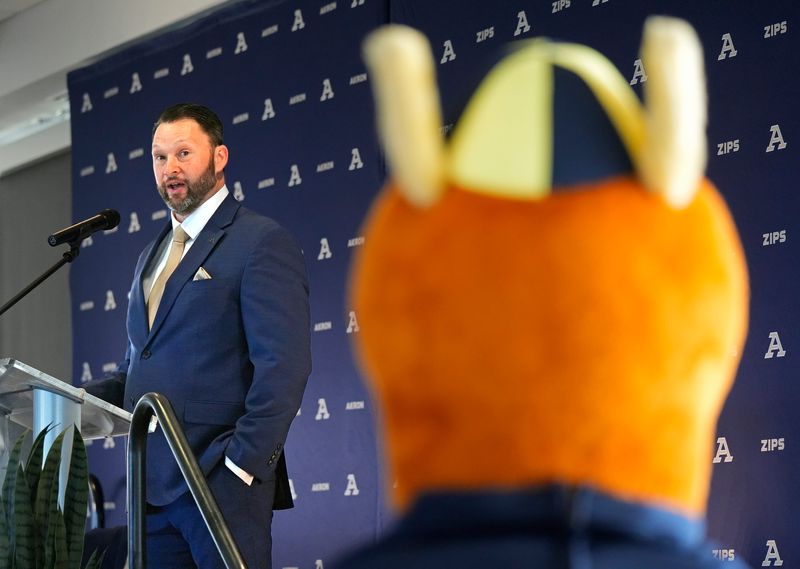New Akron Zips athletic director Andrew Goodrich talks during his introductory news conference May 12, 2025, in Akron, Ohio.