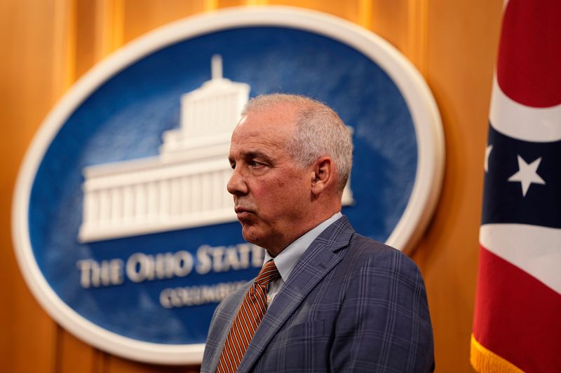 Speaker of the Ohio House Matt Huffman (R-Lima), State Representative Heidi Workman (R-Rootstown) and Florida Gov. Ron DeSantis discuss congressional term limits through House Joint Resolution 3 during a press conference at the Ohio Statehouse in Columbus on May 13, 2025.