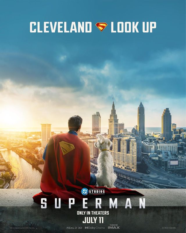 Adverting for James Gunn’s new “Superman” film included a Cleveland-centric piece of art related to the release of the movie featuring the city’s skyline. Cleveland was used as Metropolis in the film.