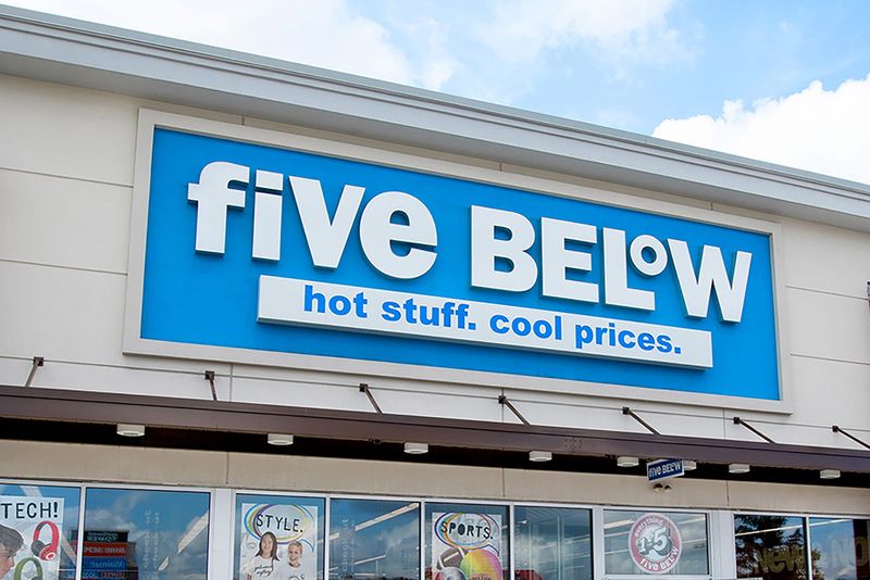The exterior sign of a Five Below store.